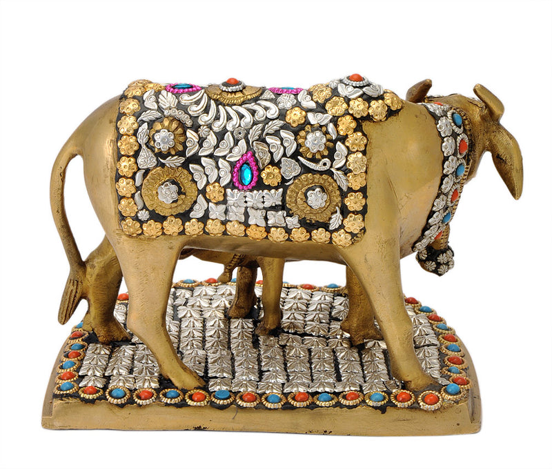 Beautiful Ornate Cow & Calf Brass Statuette 6.50"