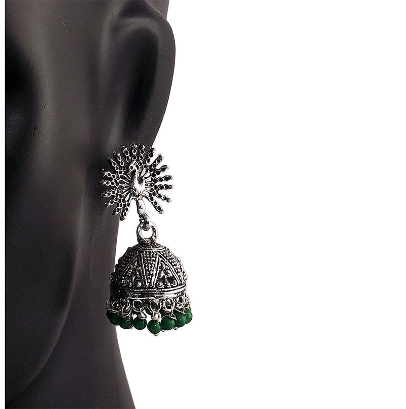 Green Beads Peacock Beautiful Indian Style Sliver Color Jhumki Earrings