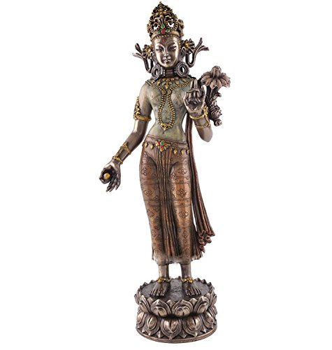 12.25" Green Tara w/ Lotus of Wisdom Statue Sculpture Figure Eastern Deity Decor