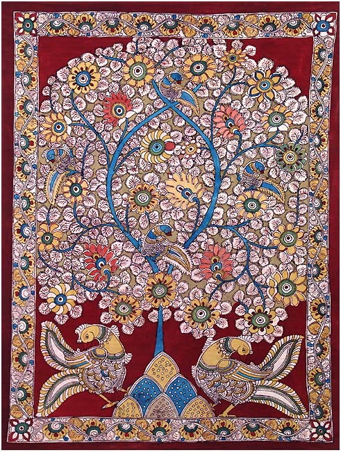 'Enchanting Birds' Kalamkari Tree of Life Painting