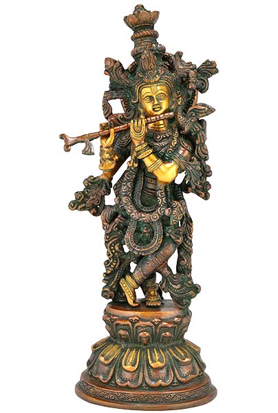 Krishna's Magical Melody - Brass Statue