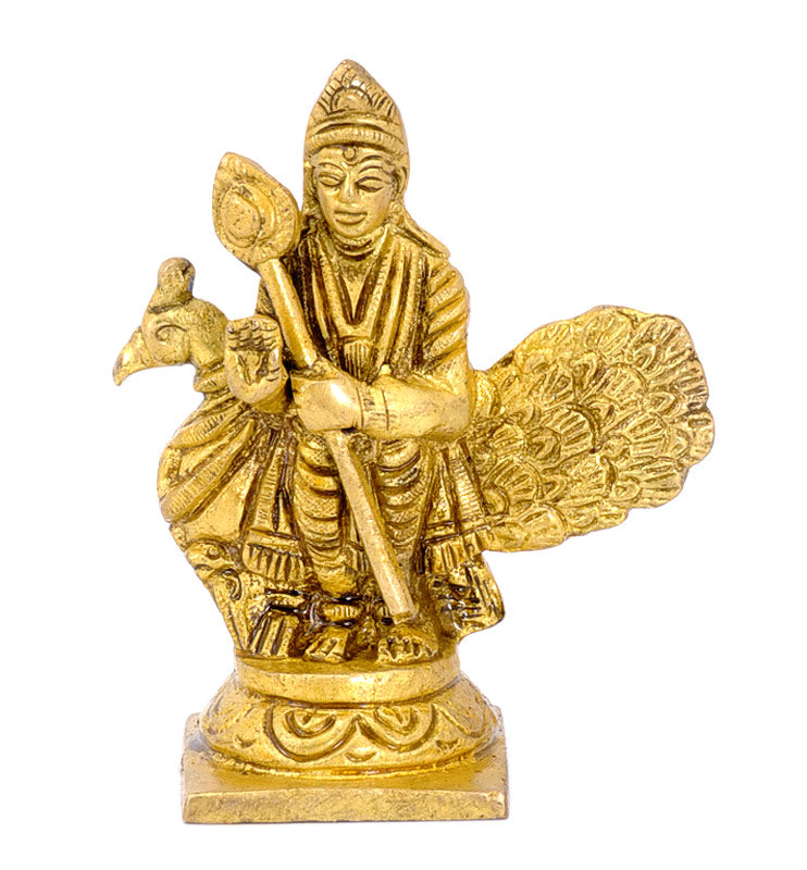 Lord Murugan Standing with Peacock - Small  Brass Figurine