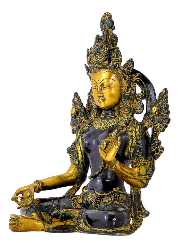 Beautiful Goddess Green Tara Brass Sculpture 10"
