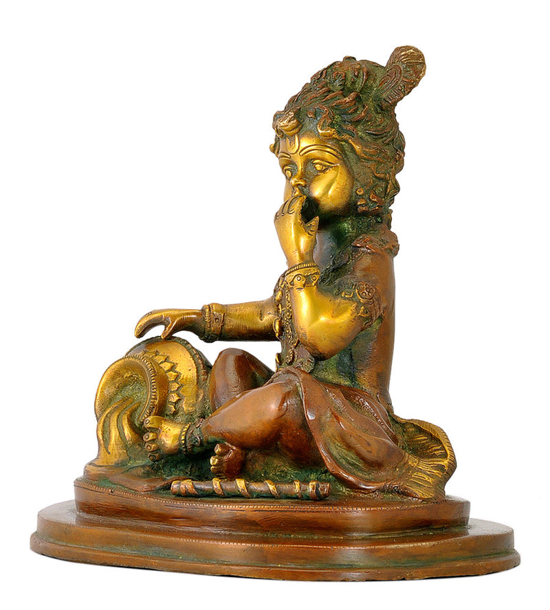 Baby Krishna Eating Butter - Brass Statue 8"