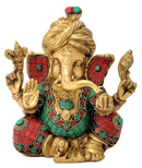 Ganpati Wearing Turban Brass Statue 7.40"