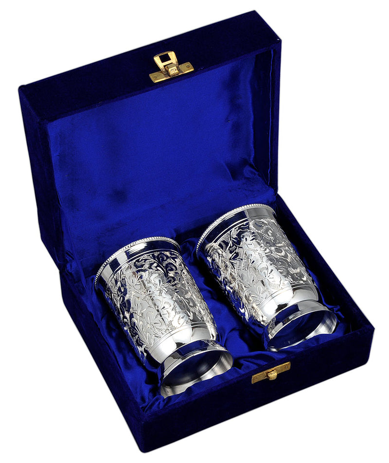 Floral Engraved Silver Plated Glass Set in Velvet Box