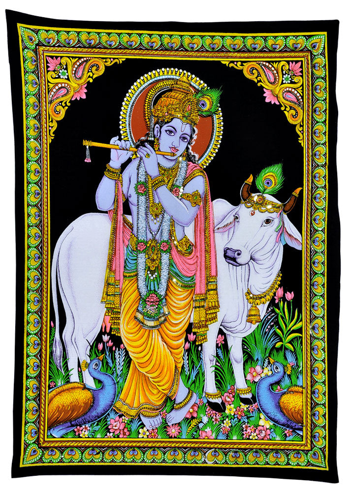Lord Krishna Playing Flute Cotton Painting