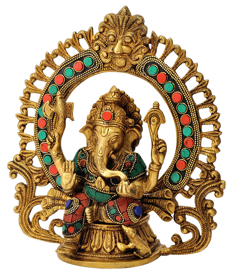 Ganpati on Throne Brass Statue Decorated with Colored Stones