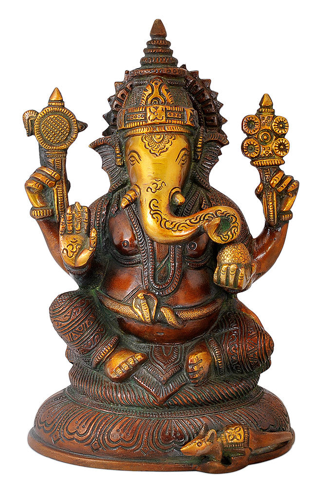 Blessing Ganesha Statue in Golden Brown Finish
