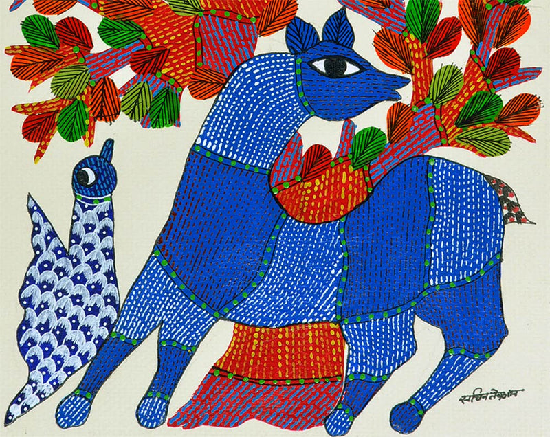 Deer and Birds - Folk Art Gond Panting