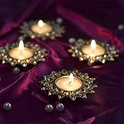 Crystal Diya with T-Light- Set of Four Gold Plates