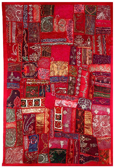 Cascading Crimson - Hand Embroidered Tapestry