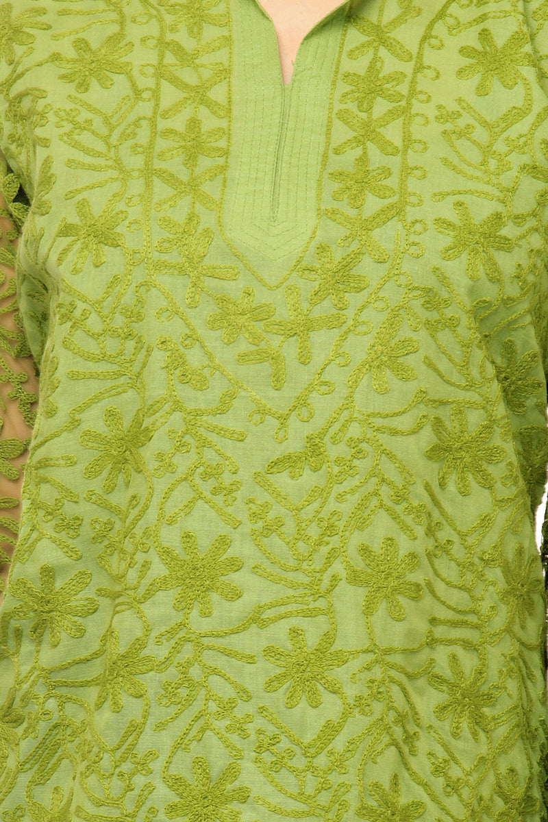 Cool Olive Green Embroidered Cotton Kurti