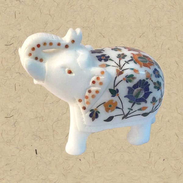 Alabaster Stone Elephant with Floral Inlay