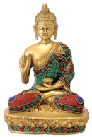 Brass Buddha Statue with Colored Stone Mosaic