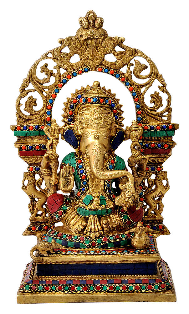 Enthroned Lord Ganesha Inlay Brass Statue