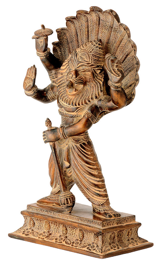 Blessing Lord Narasimha Statue in Brown Antique Finish