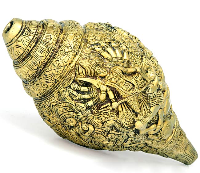 Durga Story Carving on Brass Conch 9.50"
