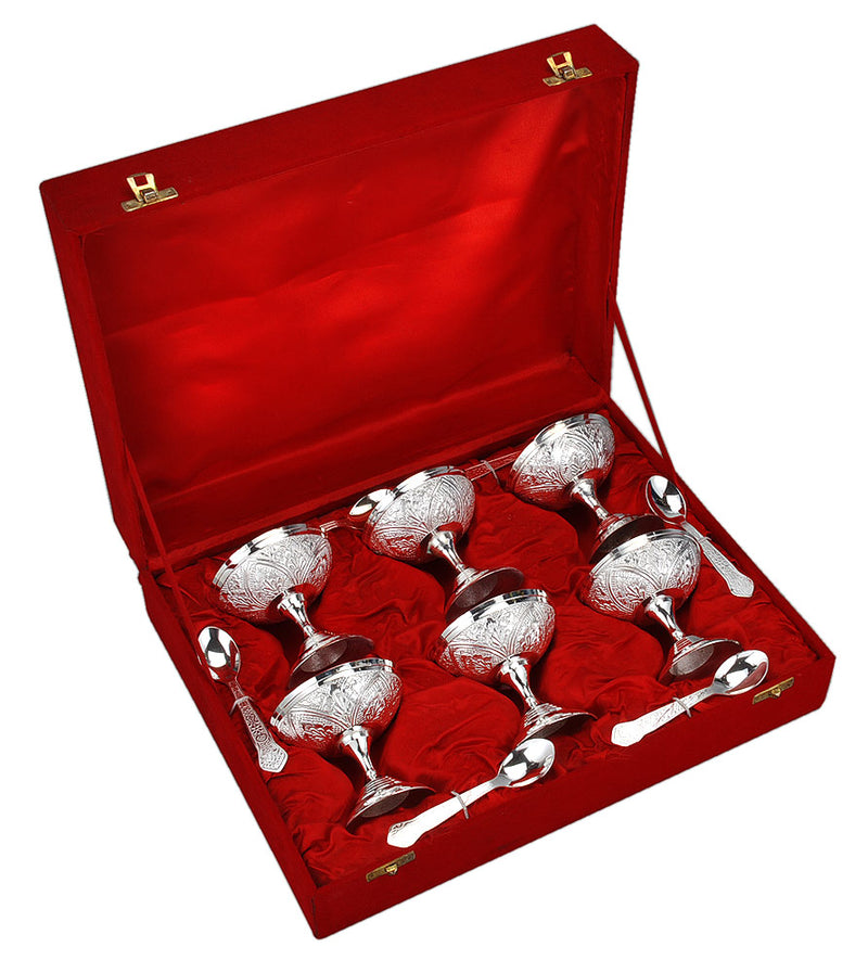 Silver Plated Ice Cream 6 Bowl Set Velvet Box Pack