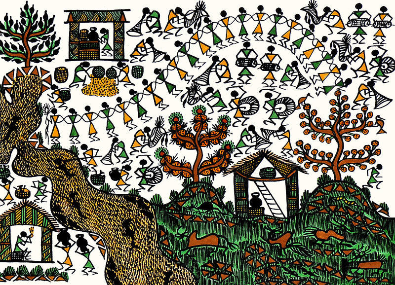 'Celebration' Handmade Warli Tribal Painting