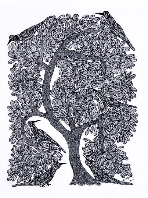 Gond Painting 'Crows on Tree'