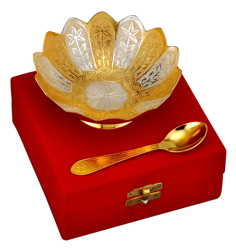 Gold Silver Plated Floral Bowl with Spoon