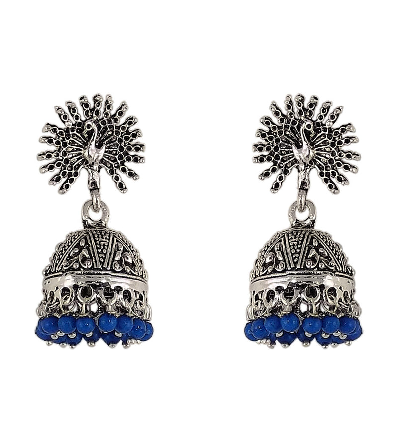 Blue Beads Peacock Beautiful Indian Style Silver Color Jhumki Earrings
