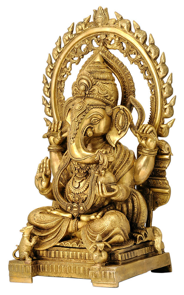 Large Brass Ganesha Sculpture with Mouse Arch