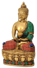 Buddha Brass Sculpture in Turquoise and Coral Color Finish