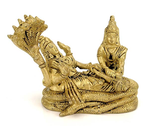Lord Vishnu with Consort Lakshmi - Brass Miniature Statue