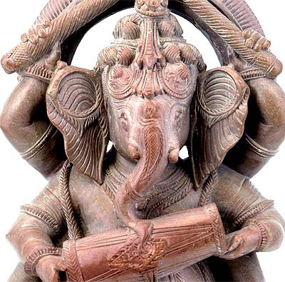Nartaka Ganesh Playing Dholak - Stone Statue 12"