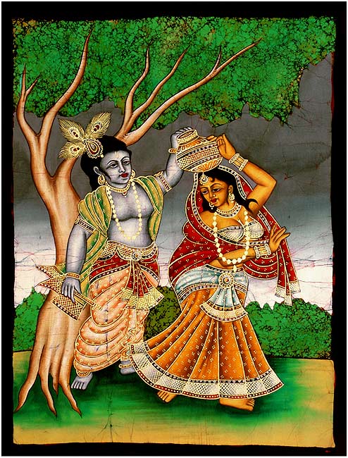 Krishna Teases a Gopi - Cotton Batik Painting 30"