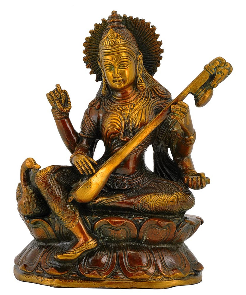 Goddess Saraswati Seated on Lotus Brass Statue 8.75"