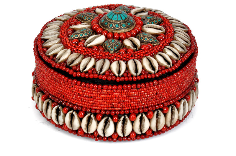 Cowrie Shell Box with Red Beads