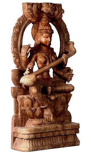 Divine Goddess Saraswati - Large Wood Sculpture