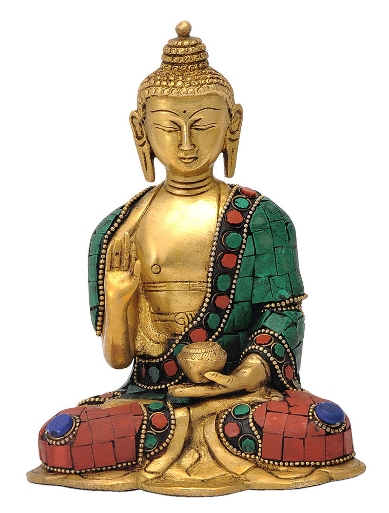 Blessing Buddha Brass Statue with Turquoise Coral Finish