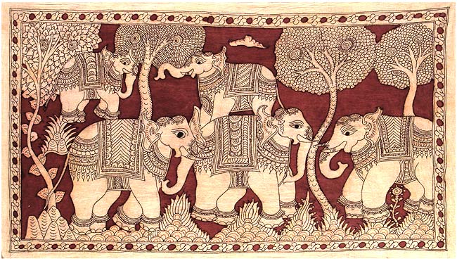 Kalamkari Painting "Beautiful Elephants"