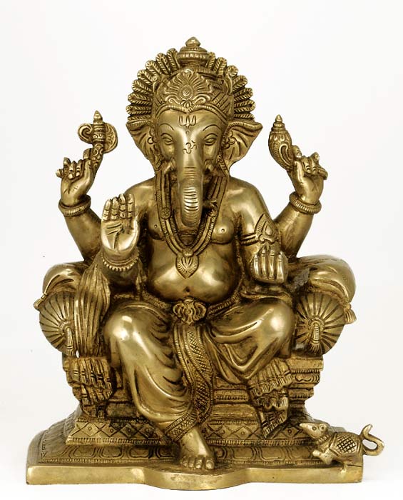 Virat Ganpati on Throne - Brass Sculpture 9.50"