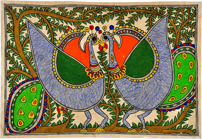 Madhubani Painting 'Flirting Peacocks'