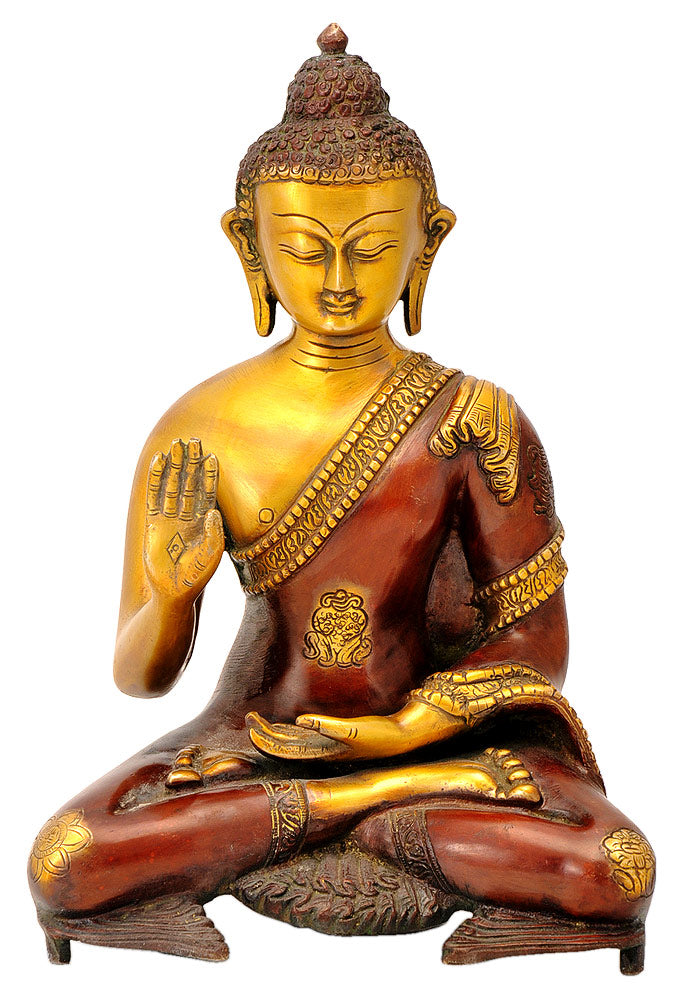 Blessing Buddha with Ashtamangala Carved Signs 11"