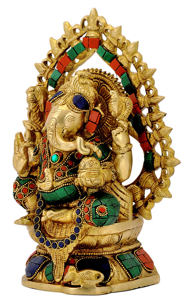 Brass Ganesha Figurine with Stones