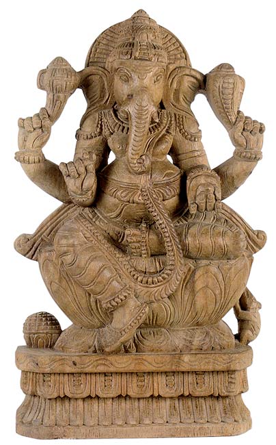 Lord Ganesha Seated on Lotus - Wooden Statue