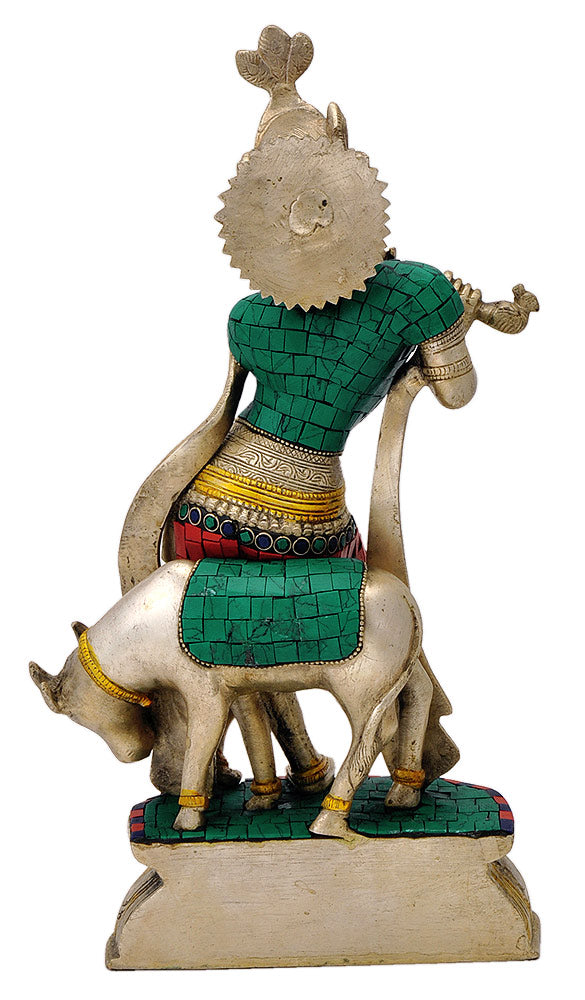Exquisite Bansidhar Krishna with Cow Brass Figurine
