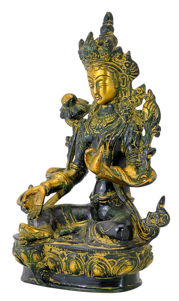 Seated Devi Tara Antiquated Brass Statue 8"