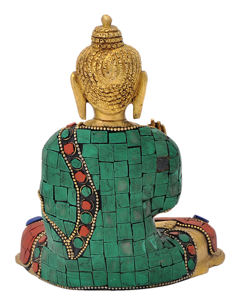 Blessing Buddha Brass Statue with Turquoise Coral Finish