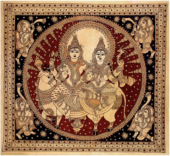 Devas Worship Lord Siva, Parvati - Kalamkari Painting