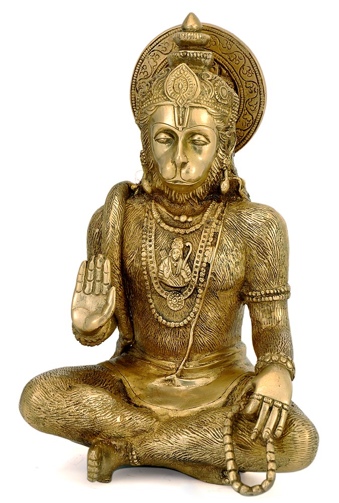 Blessing Hanuman Holding Rosary - Brass Sculpture