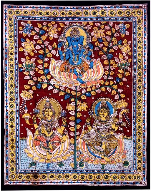 "Ganesha, Lakshmi and Saraswati" Kalamkari Painting