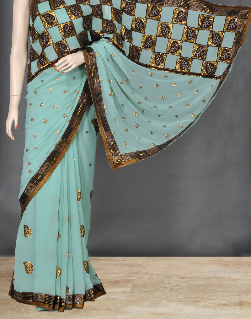 Light Sea Green Saree with Zari and Sequins Work