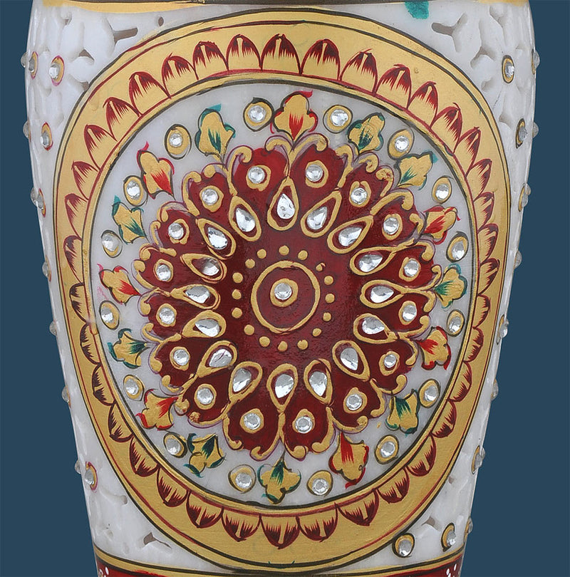 Marble Vase with Jali Cut and Kundan Work